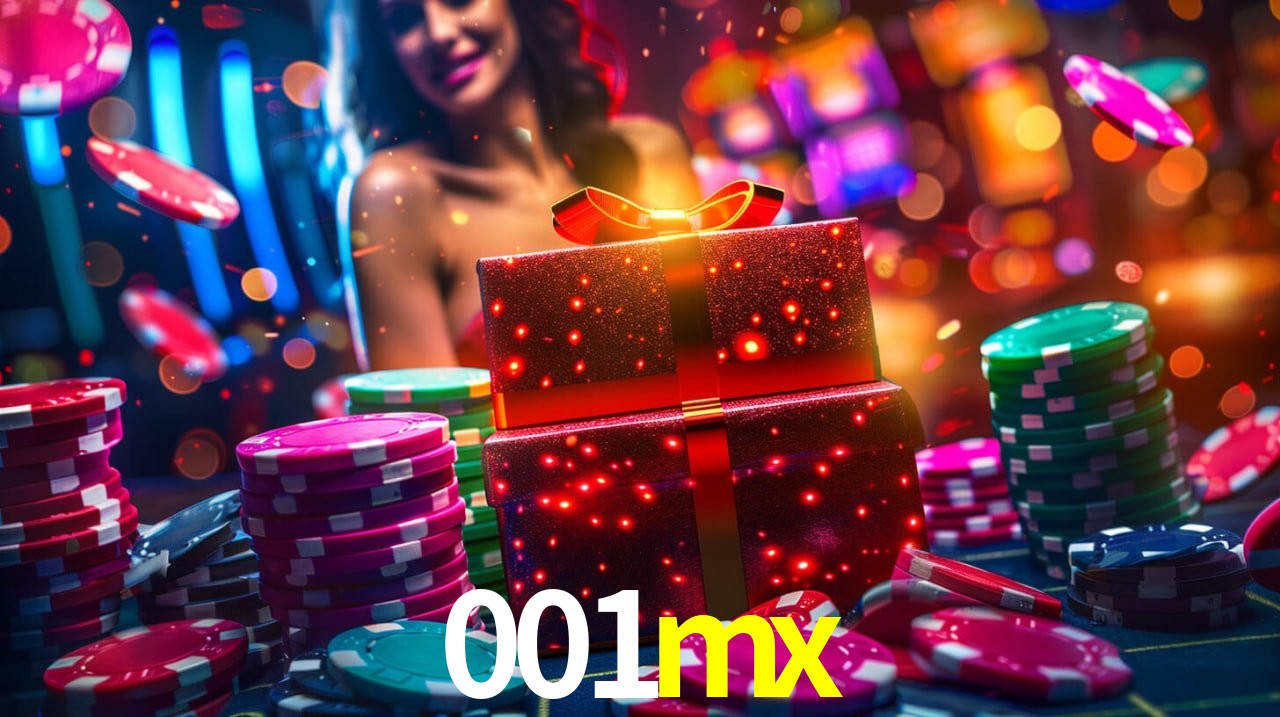 Una escena digital vívida inspirada en casino con 001mx mostrado prominentemente, luces brillantes, fichas, cartas y acentos dorados.