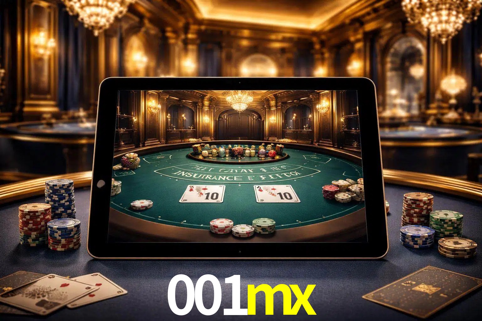 Configuración moderna de casino en vivo con una tableta mostrando una mesa de blackjack, luces cálidas de estudio y una atmósfera elegante de juegos digitales.