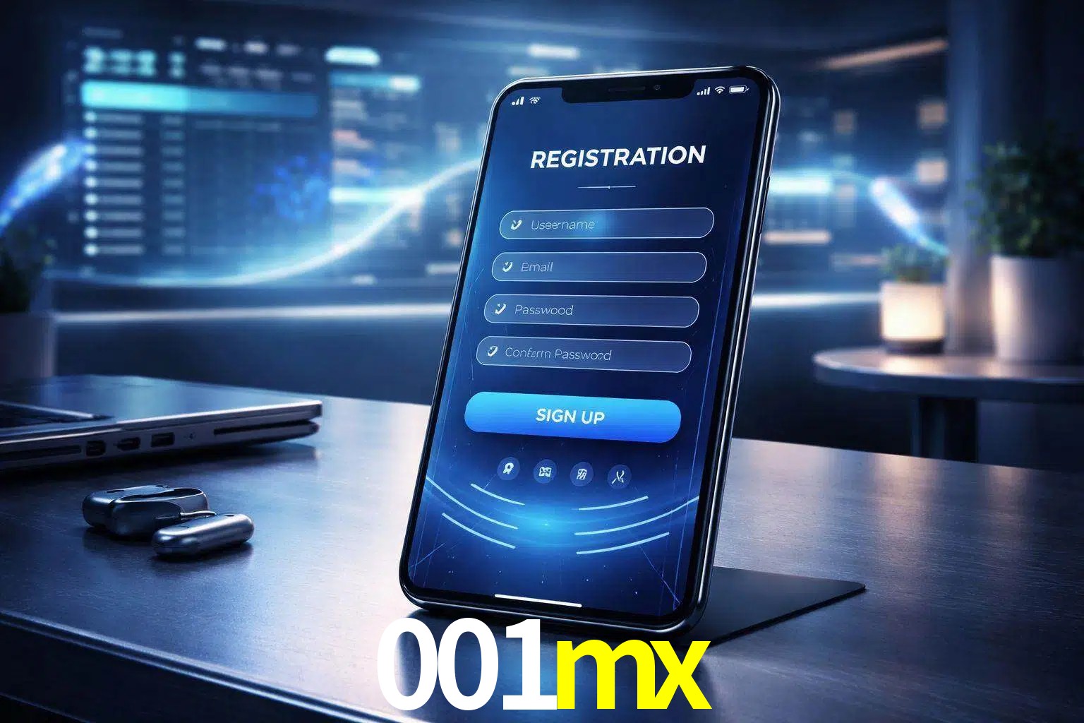 Una interfaz moderna de registro móvil para 001mx mostrada en un smartphone con un panel de apuestas elegante.